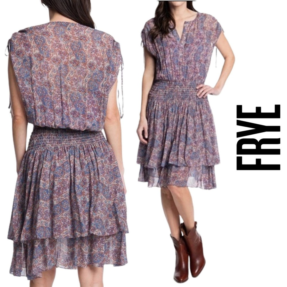 Frye NWT Violet Dusk Printed Ruched Dress, Size Small but runs big